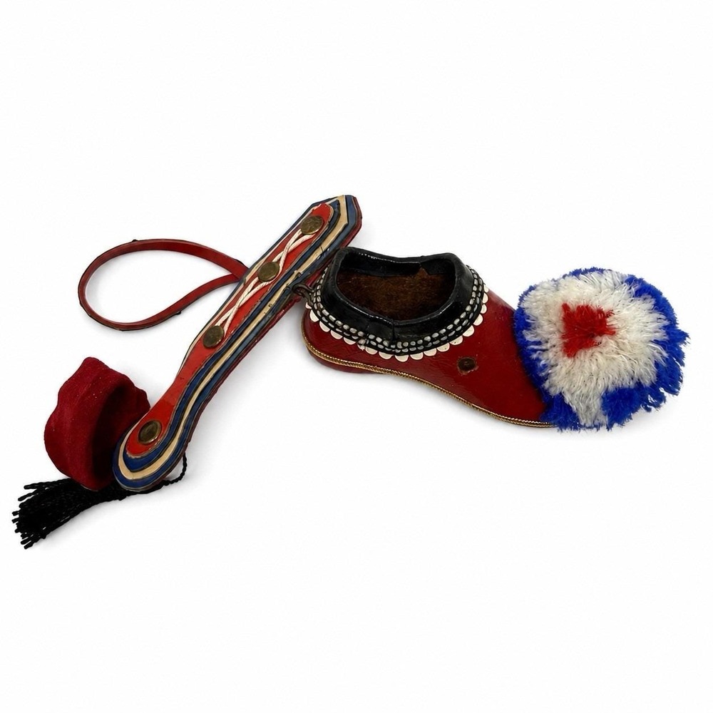Vintage Greek Evzone Tsarouchi Miniature Leather Pom Pom Shoe Folk Art Souvenir